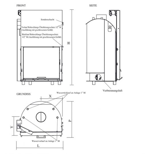 Edilkamin wassergeführter Kamineinsatz H2 Oceano Cs 14,8 / 22,2 kW Abmessung